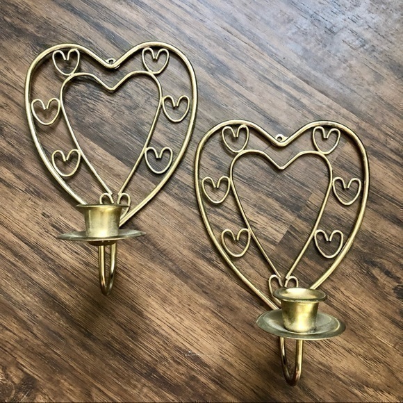 Vintage / Antique Cottagecore Heart Shaped Brass Candle Holder Sconces Decor Set - Picture 2 of 11